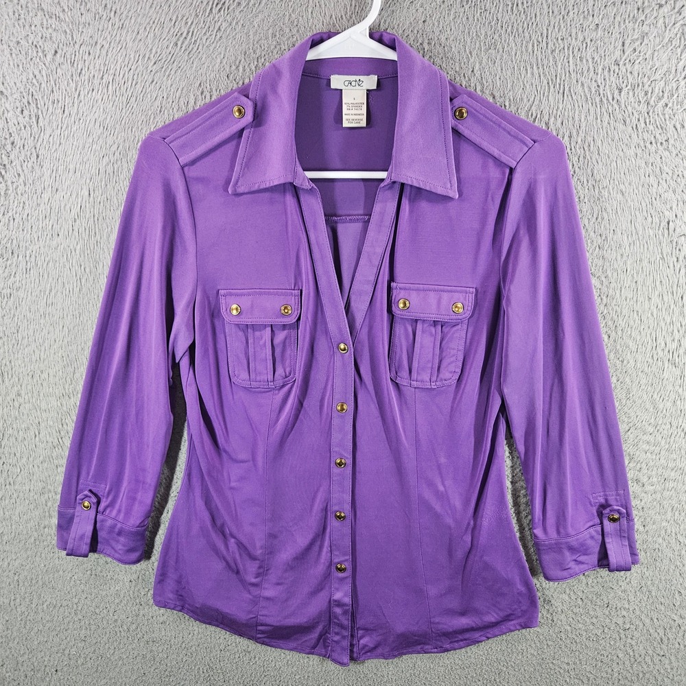 VTG Cache Women Purple Military Button Down Shirt Epaulettes Cargo Pockets Small